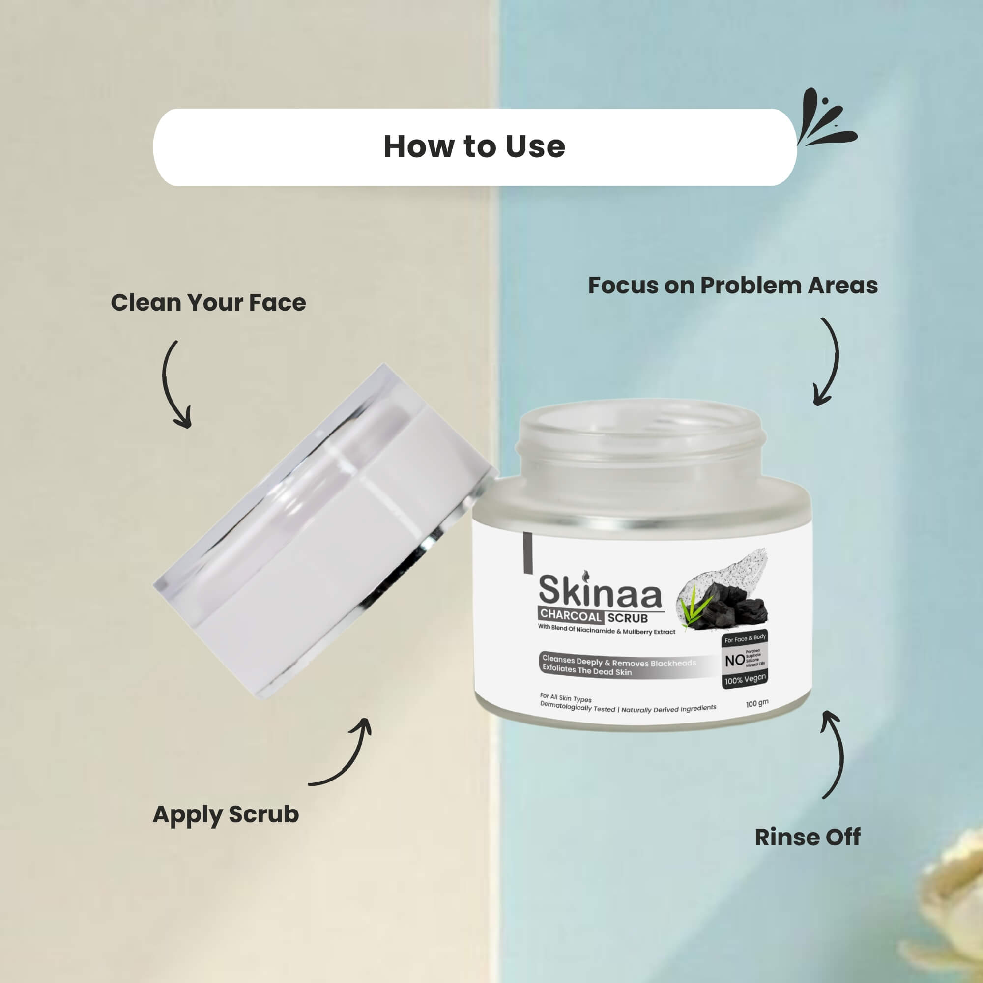 How to use Skinaa Charcoal Scrub – steps illustrated with jar and open lid: clean your face, apply scrub, focus on problem areas, and rinse off for refreshed skin.